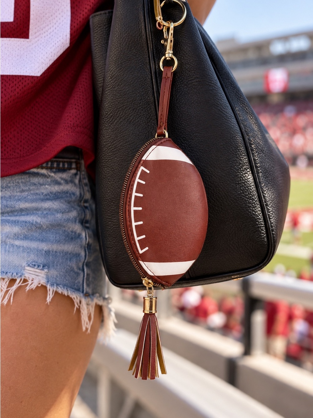 Football Mini Wallet Coin Purse Wristlet Brown Tassel Game Day Keychain Pouch